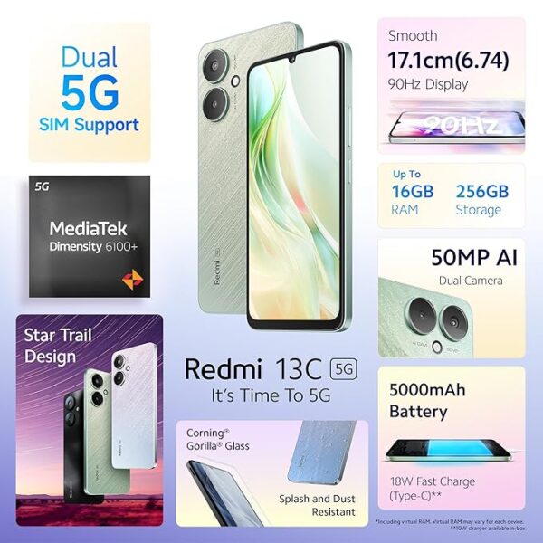 Redmi 13C 5G (Startrail Green, 4GB RAM, 128GB Storage)